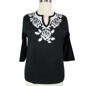 Bling Sweater Y-Neck Pullover Floral Size XL Black  CD Petites